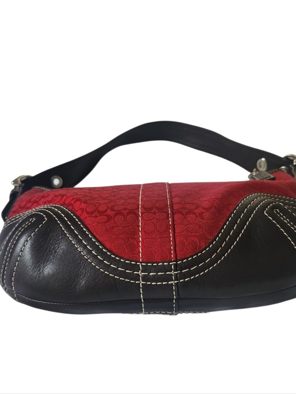 VGC COACH D062-2154 Signature Jacquard Shoulder Bag Red Y2K Brown Leather - Picture 9 of 12